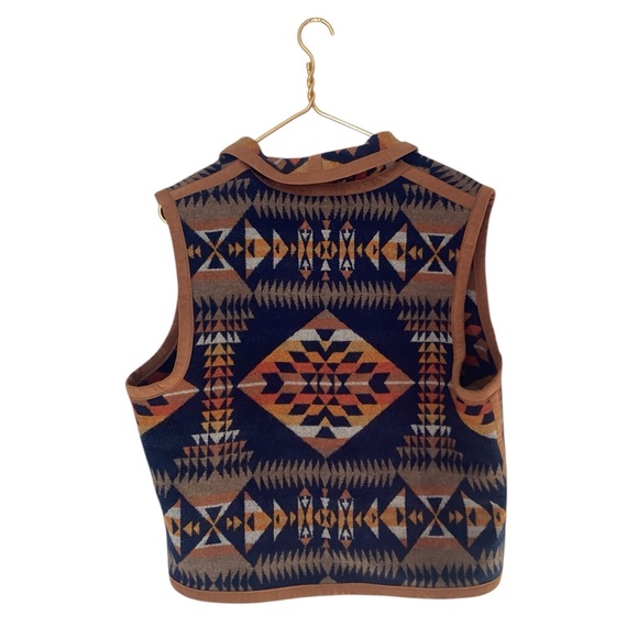 Pendelton Aztec Blue Pattern Southwestern Vest Leather Trim L - Picture 2 of 6